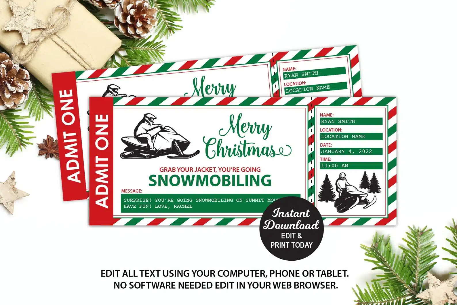 Snowmobile Ticket Gift Card Christmas