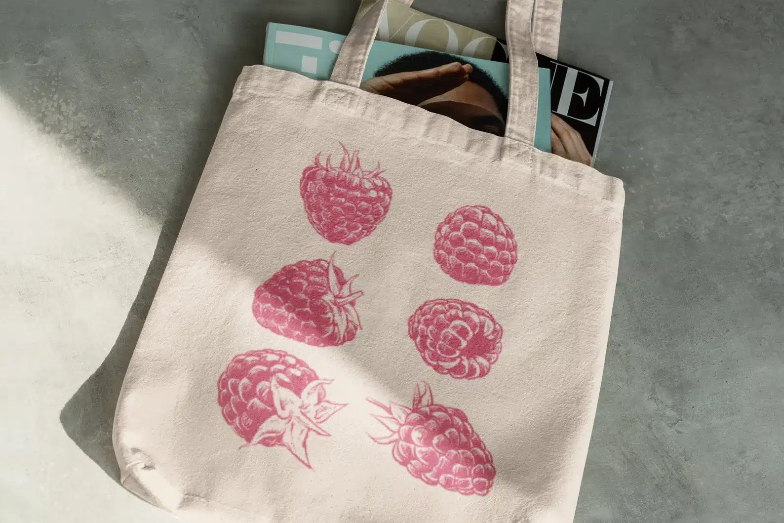 Cotton Canvas Tote Bag With Raspberries