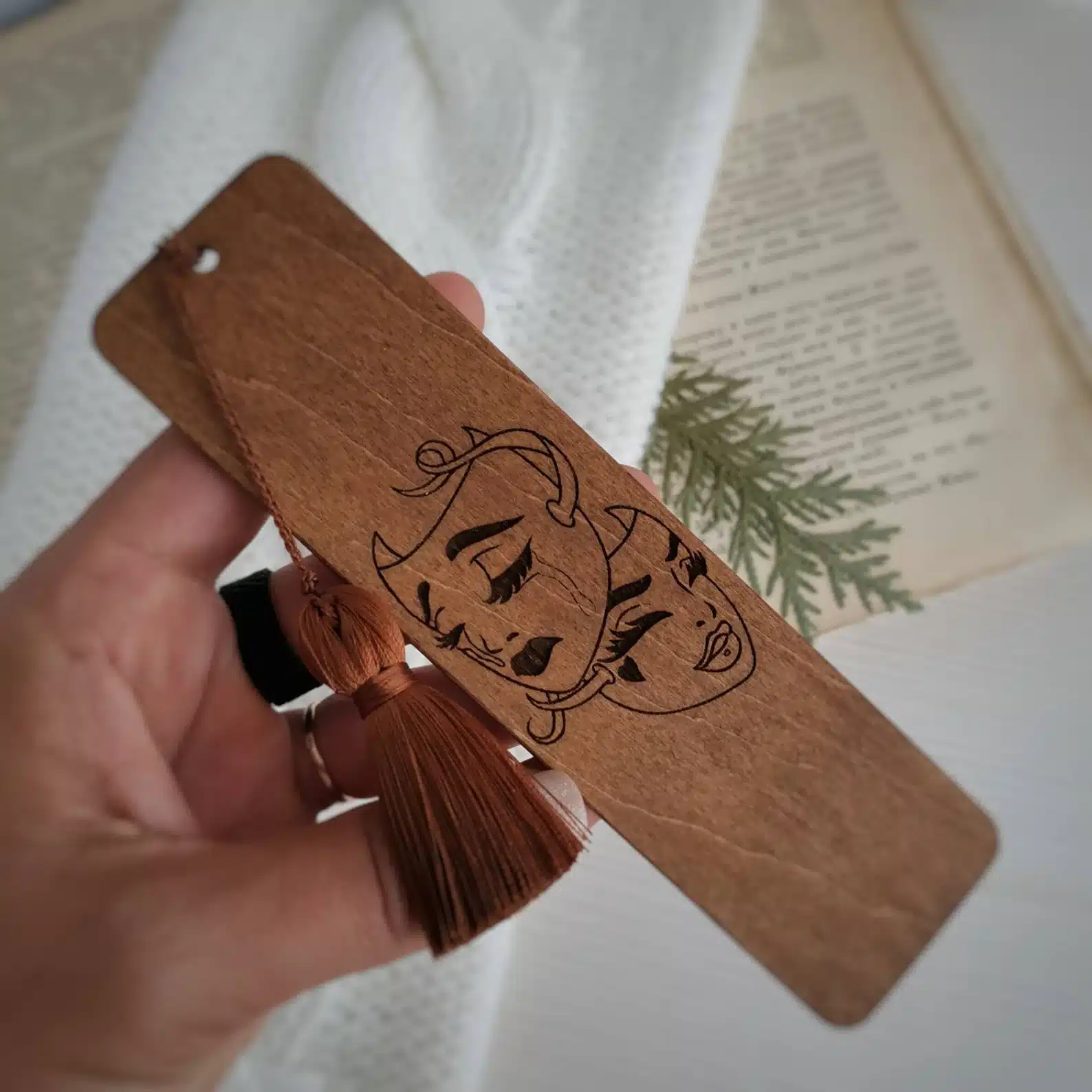 Masks Engraved Wooden Bookmark