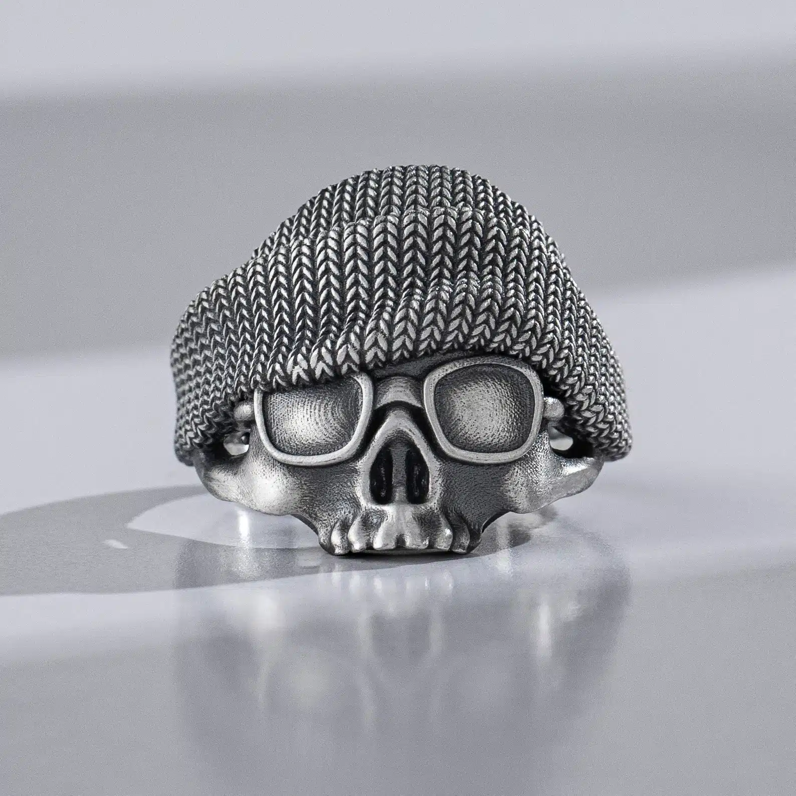 Cool Skull With Beanie Silver Biker Ring