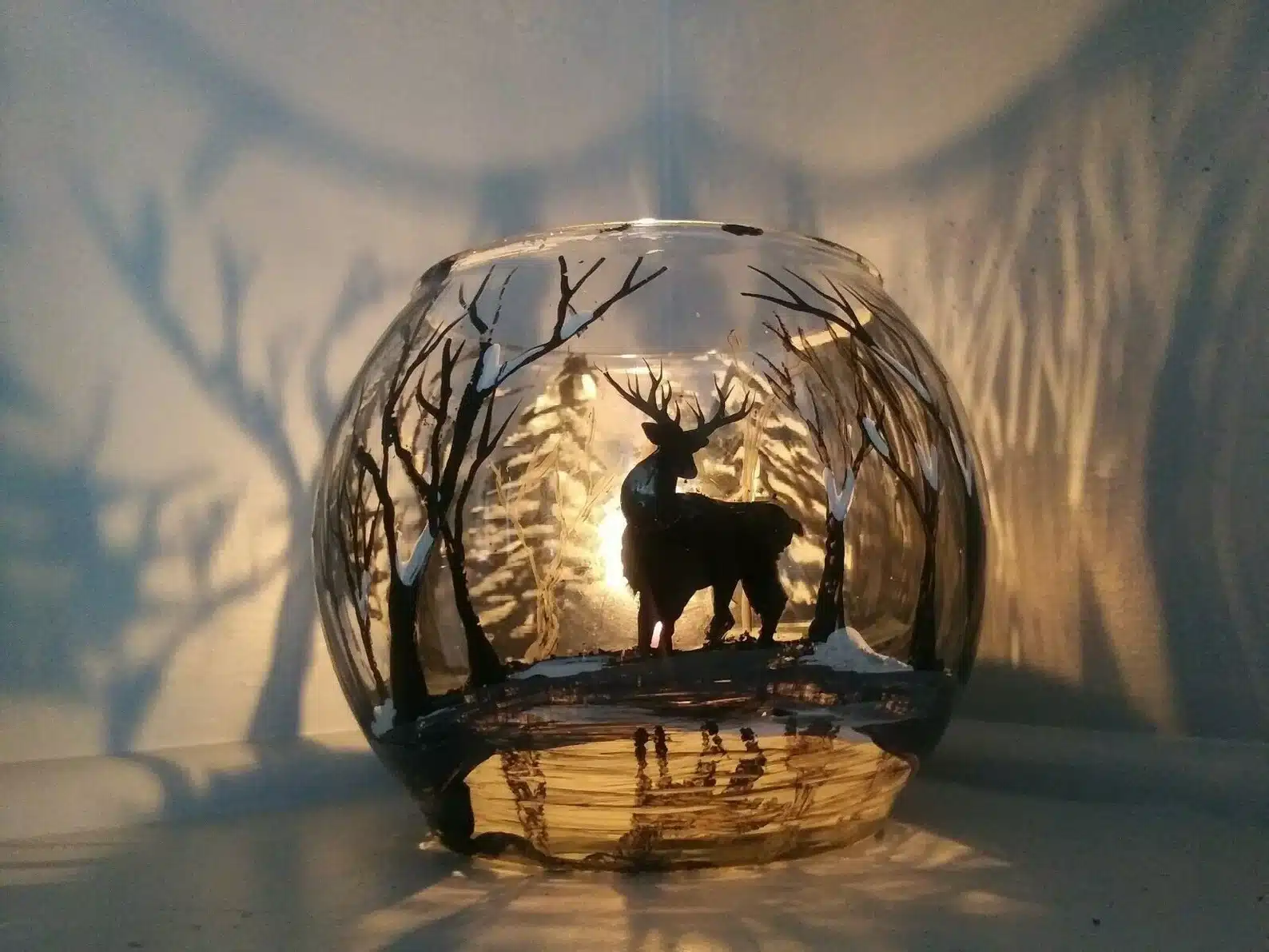 Glass Bowl Art Black Deer in Winter Forest