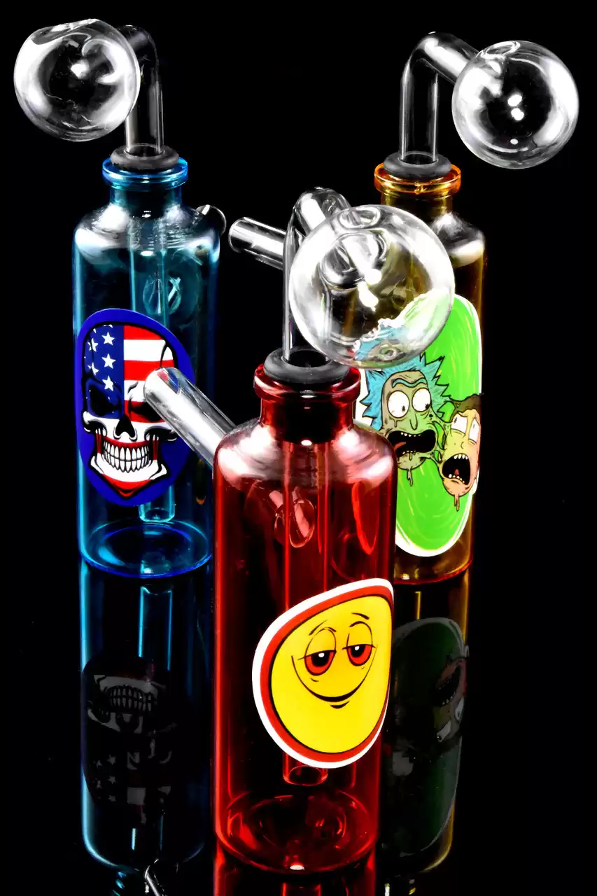 4" US Made Small Colored Glass Bottle Oil Burner Rig With Sticker