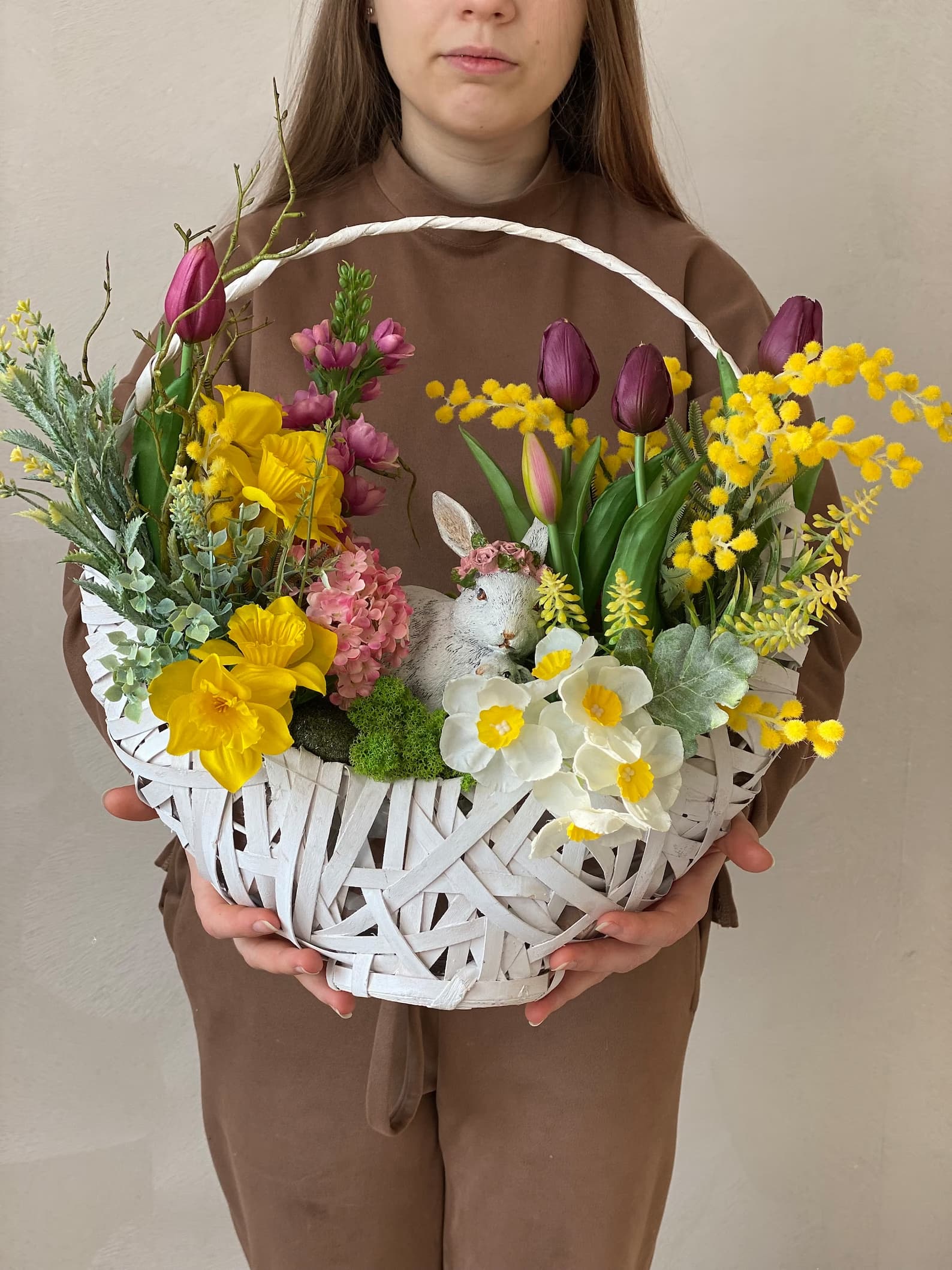 Spring Basket With Textile Flowers Easter Bunny Floral