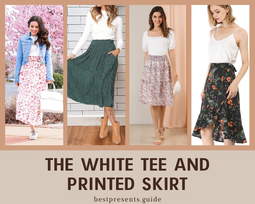 White T-shirt and Printed Skirt